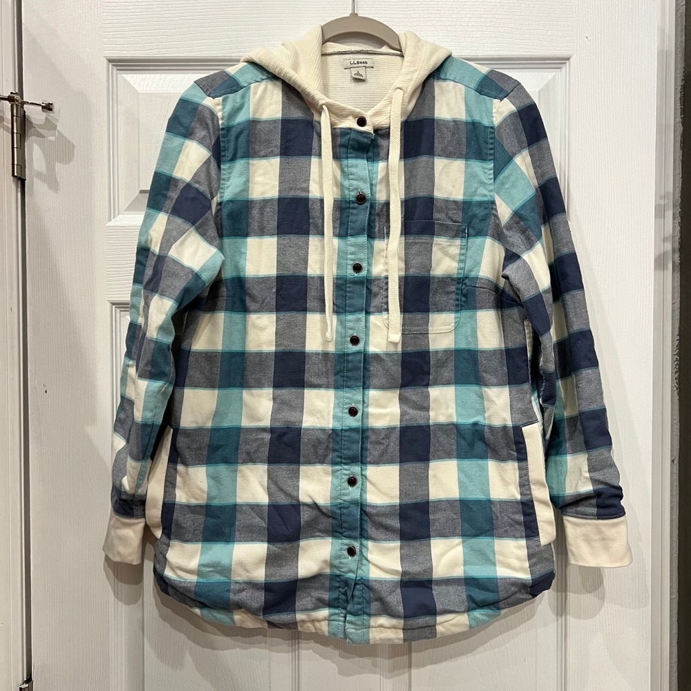 L.L. Bean Hooded Shirt Jacket Cotton Flannel Plaid Waffle Lined Cabincore Cozy S